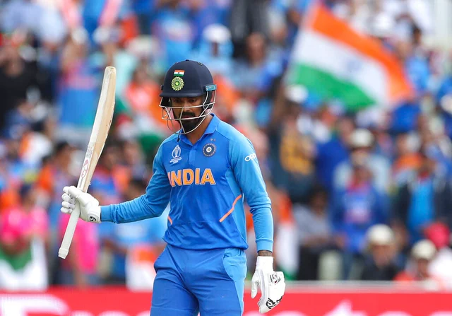 India's K.L. Rahul celebrates after scoring 50 runs