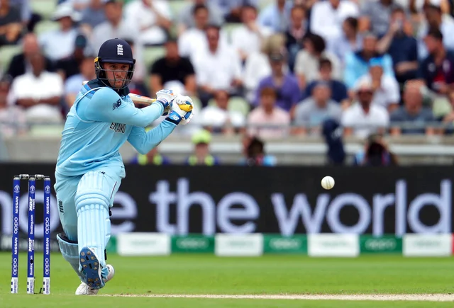 England's batsman Jason Roy plays a shot during the Cricket World Cup semi-final match between Australia and England at Edgbaston.
