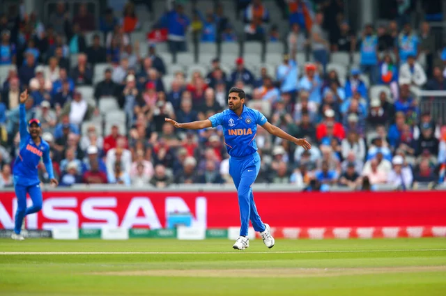 India's Bhuvneshwar Kumar makes an unsuccessful appeal for the dismissal of New Zealand's Martin Guptill.