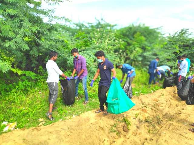 Young people disposing of plastic trash in palaru river