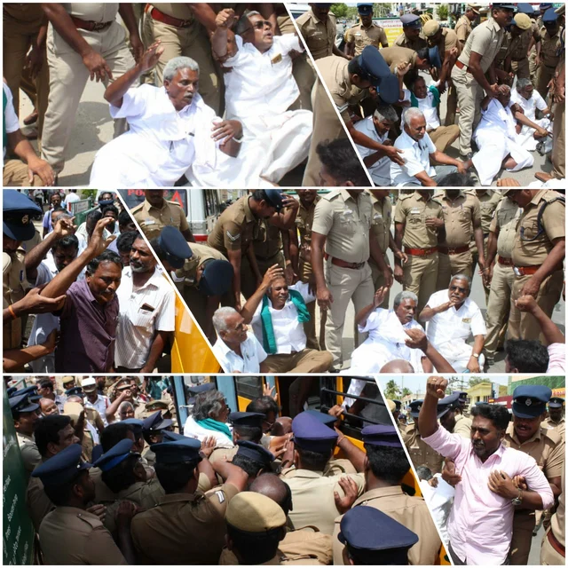 போராட்டத்தின் போது உயர்மின் கோபுர விவசாயிகள்