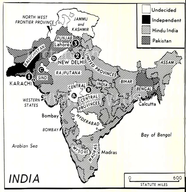இந்திய வரைபடம் - பிரிவினைக்குப் பிறகு.