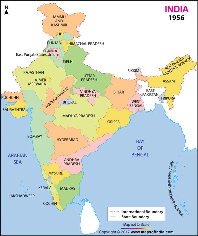 இந்திய வரைபடம் - மாநிலங்கள் பிரிக்கப்பட்ட பிறகு.