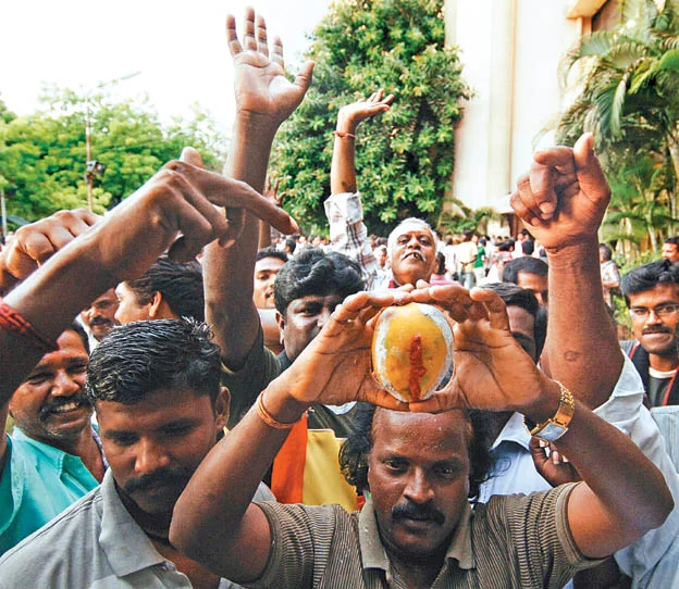 அறிவாலயத்தில் மாம்பழத்தை அவமரியாதை செய்யும் தி.மு.க தொண்டர்கள்