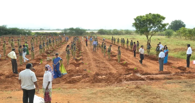 மூங்கில் கன்றுகள் நடும் தோட்டக்கலைக் கல்லூரி மாணவ மாணவிகள்.