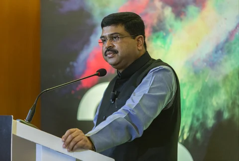 Dharmendra Pradhan, India’s oil minister, listens during the Bloomberg Address in New Delhi. (Photographer: Prashanth Vishwanathan/Bloomberg)