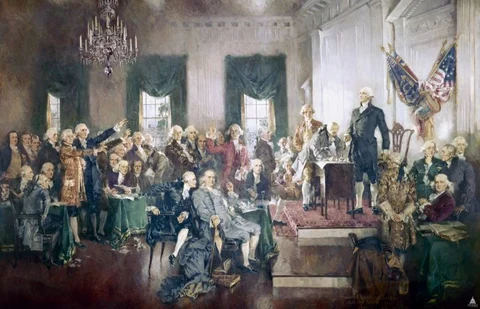 Howard Chandler Christy’s painting depicting the signing of the United States Constitution at Independence Hall in Philadelphia on September 17, 1787. (Image: U.S. Architect Of The Capitol)