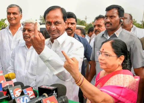 Telangana caretaker Chief Minister K Chandrasekhar Rao after casting his vote in Hyderabad, on Dec. 7, 2018. (Photograph: PTI)