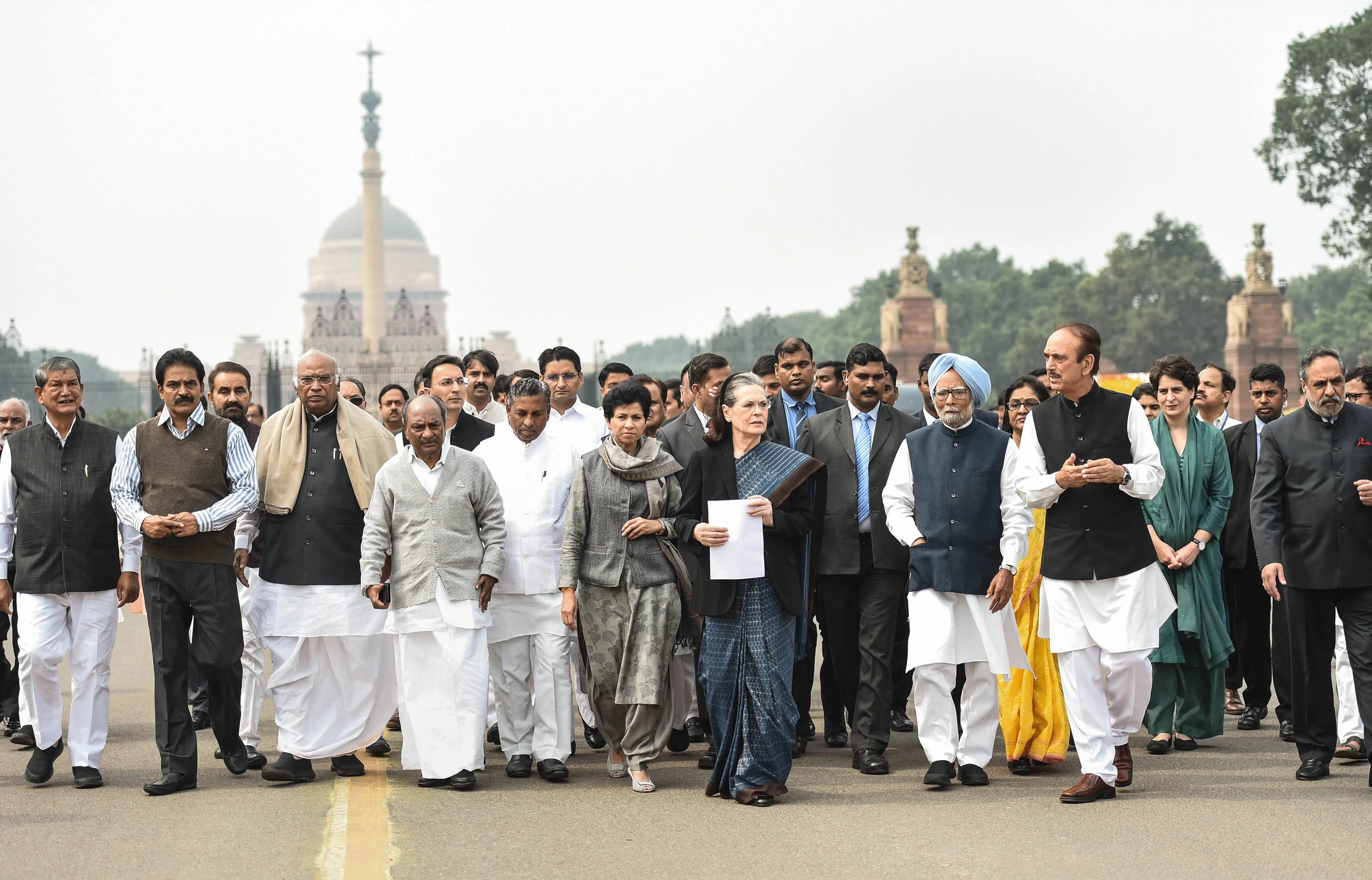 A Congress delegation, led by party chief Sonia Gandhi after meeting President Ram Nath Kovind at Rashtrapati Bhawan in New Delhi, India, on Thursday, Feb. 27, 2020. (Photo: PTI)