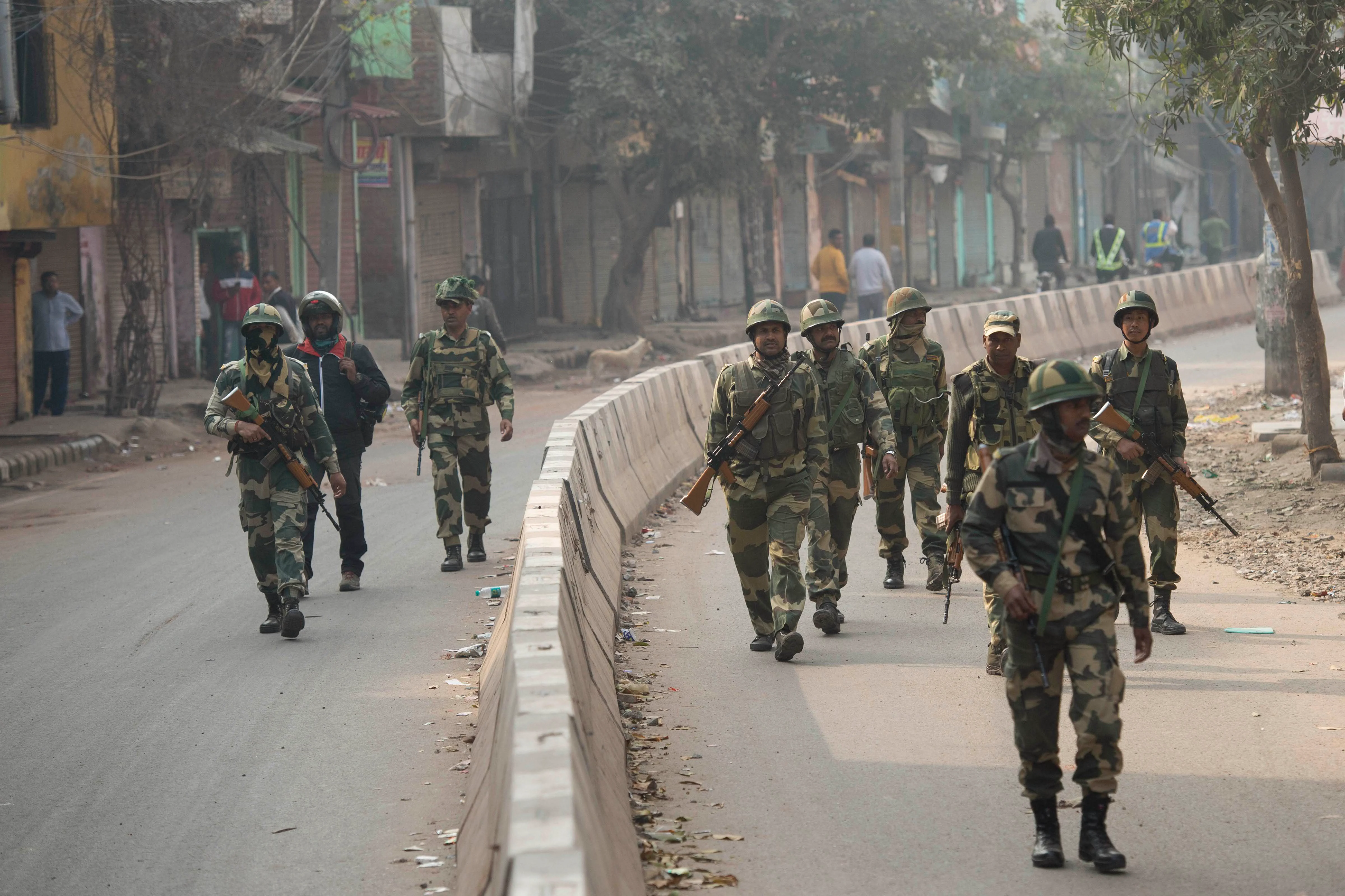 Security personnel patrol the streets in Yamuna Vihar area of northeast Delhi on Thursday, Feb. 27, 2020. (Photo: PTI)
