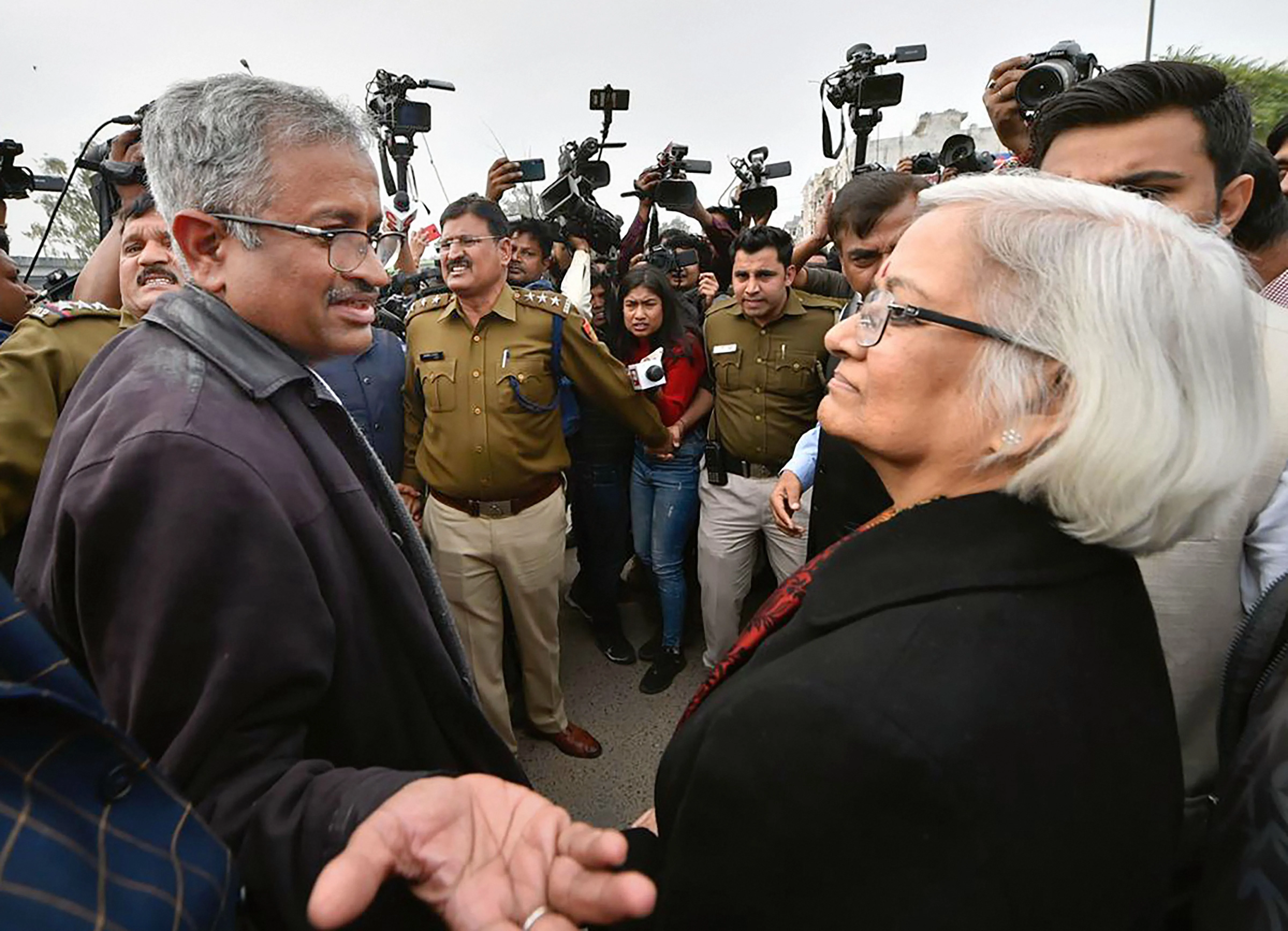 Sanjay Hegde and Sadhana Ramachandran mediators appointed by Supreme Court - at Shaheen Bagh in New Delhi. (Photographer: Ravi Choudhry/PTI)