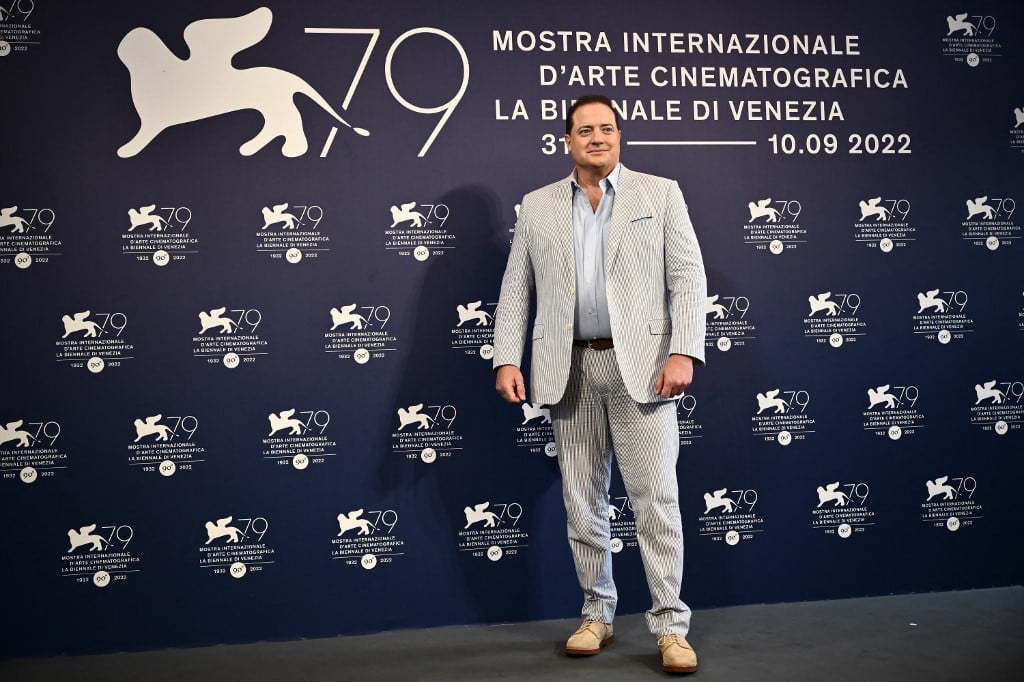 US Canadian actor Brendan Fraser poses on September 4, 2022 during a photocall for the film "The Whale" presented in the Venezia 79 competition as part of the 79th Venice International Film Festival at Lido di Venezia in Venice, Italy. Photo by Marco BERTORELLO / AFP