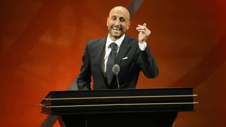 Hall of Fame Inductee Manu Ginobili speaks to the audience during the 2022 Basketball Hall of Fame Enshrinement Ceremony on September 10, 2022 at Symphony Hall in Springfield, Massachusetts. Photo by Jesse D. Garrabrant / NBAE / Getty Images / Getty Images via AFP