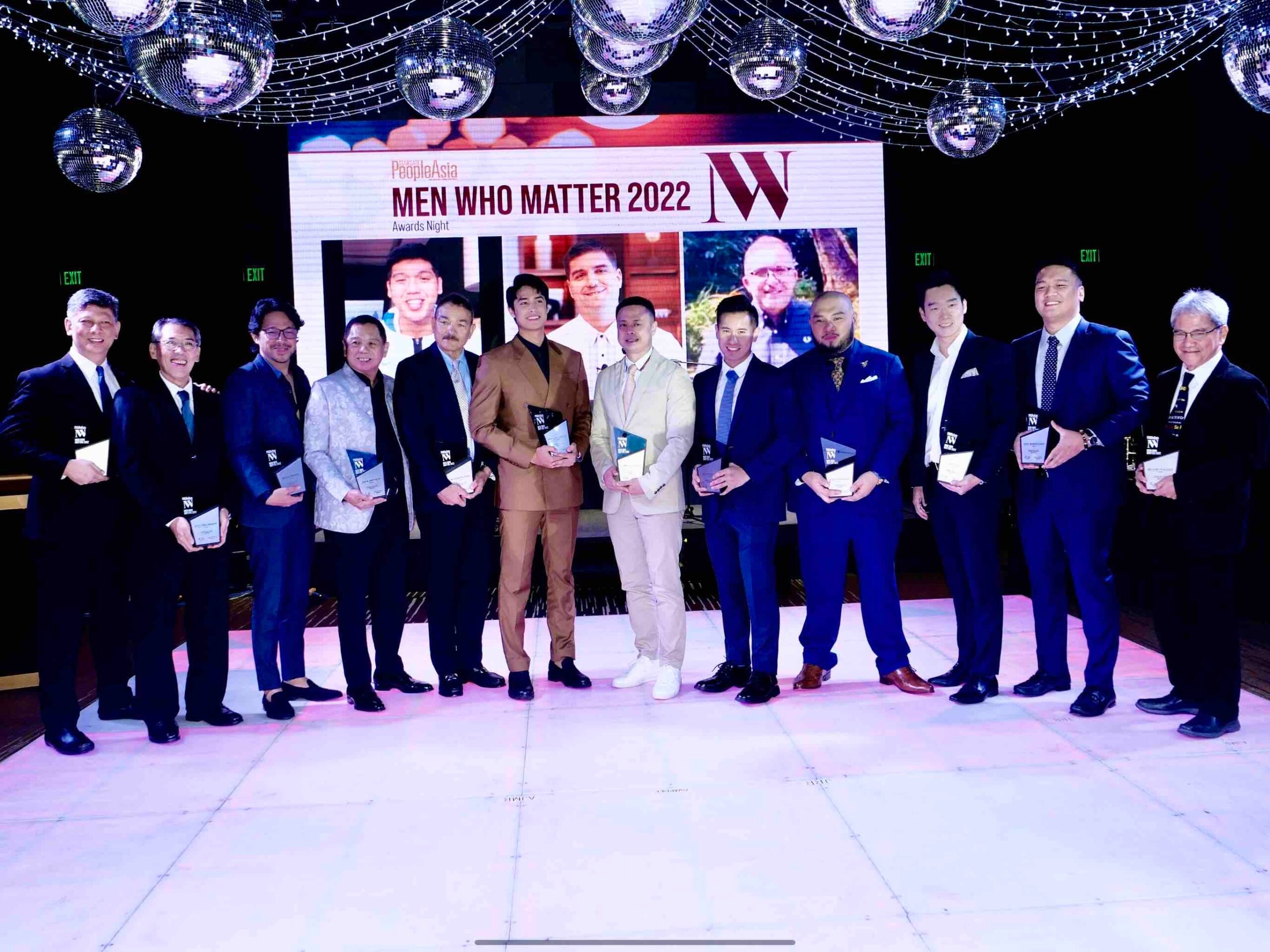 Men Who Matter awardees (from left) journalist Ed Lingao, human rights lawyer Chel Diokno, Architect Royal Pineda of Budji+Royal, Galerie Joaquin owner Jack Teotico, cardiologist and transcatheter aortic valve replacement pioneer Dr. Enrique Posas, actor Donny Pangilinan, Philippine Airlines president and COO Stanley Ng, LT Group vice chairman Lucio Tan Ill, event stylist Dave Sandoval, Fredley Group of Companies founder and CEO Avin Ong, Cocolife president and CEO Atty. Martin Loon, and chemist and Ateneo professor Dr. Fabian Dayrit, with publisher on leave Ambassador Jose Manuel Romualdez (center) and<br />editor-in-chief Joanne Rae Ramirez (rightmost). (Onscreen) UP Maroons' Carl Tamayo, Ascott Limited country general manager Philip Barnes and chef Chele Gonzalez