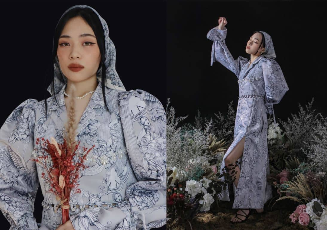 REVERENCE: A pure-concept dress, complete with a head accessory