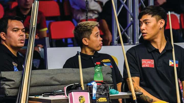 The Philippines has barged into the semifinals of the 2022 Predator World Teams 10-ball championship in Austria. From left: Carlo Biado, Rubilen Amit and Johann Chua. | Photograph COURTESY OF PREDATOR 10-BALL