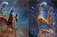 The Pillars of Creation as seen through the Hubble (left) and the James Webb telescopes. | SPACE TELESCOPE SCIENCE INSTITUT/Agence france-presse