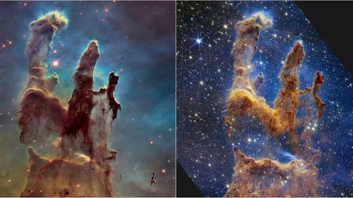 The Pillars of Creation as seen through the Hubble (left) and the James Webb telescopes. | SPACE TELESCOPE SCIENCE INSTITUT/Agence france-presse