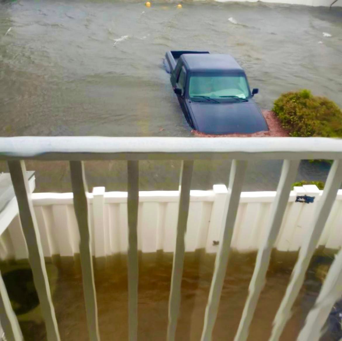 Hurricane ‘Ian’ brings destruction to Fort Myers, Florida. A toppled tree rests on the lanai of Filipina Grace Oredina-Gamboa. A resident wades through flood water while a pick-up truck is partly covered by water. | PHOTOGRAPHS COURTESY OF Grace Oredina-Gamboa