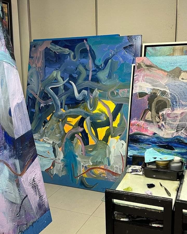 Energetic, variable, and masterful, Edwin Wilwayco's Wave Cadenza, 2021-2022, oil on canvas.