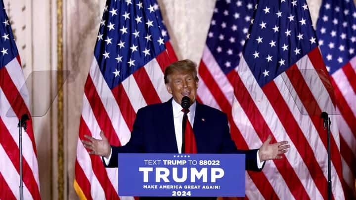 Former US President Donald Trump speaks at the Mar-a-Lago Club in Palm Beach, Florida, on 15 November. Photo by ALON SKUY / AFP