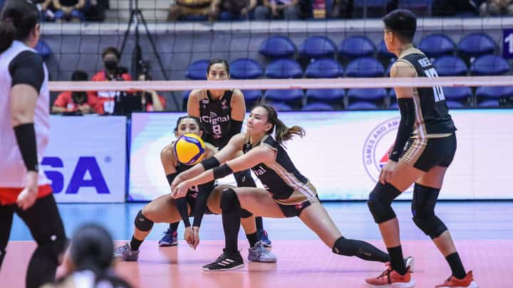 Rachel Daquis brings Cignal to the top against MJ Phillips and Petro Gazz in their PVL Reinforced Conference game yesterday. Cignal won, 25-22, 34-32, 15-25, 16-25, 15-13. Photo courtesy of PVL
