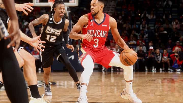 CJ McCollum of the New Orleans Pelicans dribbles the ball during the game against the Memphis Grizzlies. Photo by Ned Dishman / NBAE / Getty Images / Getty Images via AFP