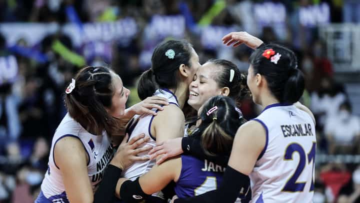 NU celebrates during the Shakey's Super League gold match against La Salle at the Rizal Memorial Coliseum, November 19, 2022. Photo by Rio Deluvio