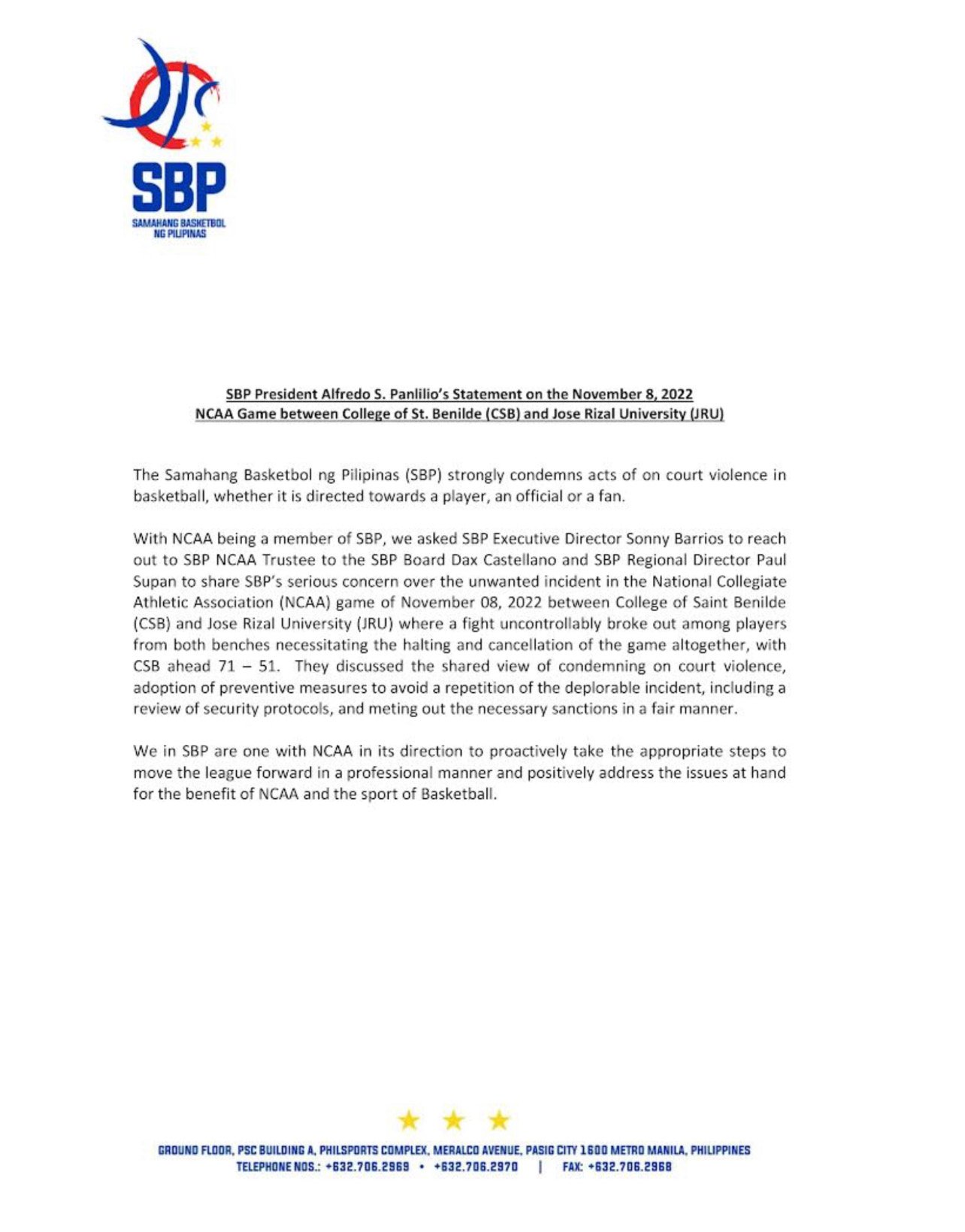 SBP adds voice condemning violence in JRU-Benilde game