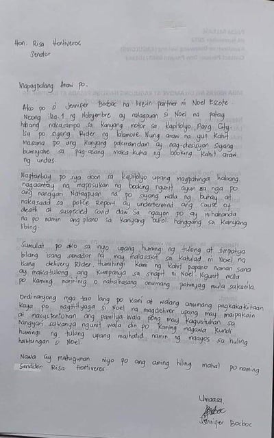 Wife of delivery rider found lifeless asks Hontiveros’ help