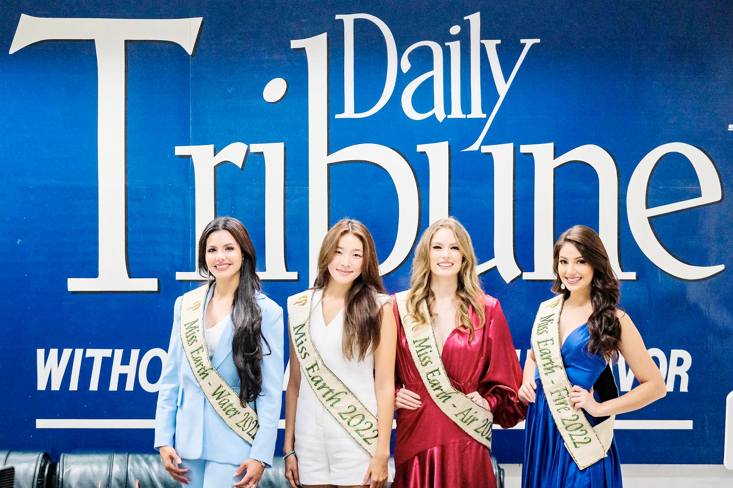 Hello, Tribune! (From left) Palestine's Nadeen Ayoub (Miss Earth Water), Korea's Mina Sue Choi (Miss Earth 2022), Australia's Sheridan Mortlock (Miss Earth Air), and Colombia's Andrea Aguilera (Miss Earth Fire). | PHOTOGRAPHS BY YUMMIE DINGDING FOR THE DAILY TRIBUNE