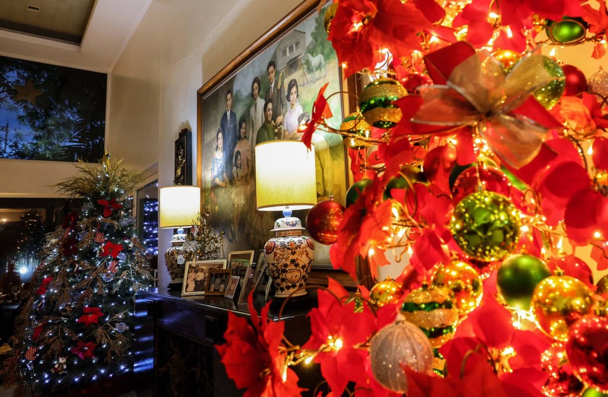 The white and green Christmas tree at the far end of the living room is an annual gift from Lucio Co of Puregold. The poinsettia-studded tree (right) has been with the Jacintos for years.