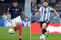 France's forward #10 Kylian Mbappe (left) and Argentina's forward #10 Lionel Messi: Argentina will play France in the Qatar 2022 World Cup football final match in Doha on 18 December 2022. (Photo by FRANCK FIFE and ALFREDO ESTRELLA / AFP)
