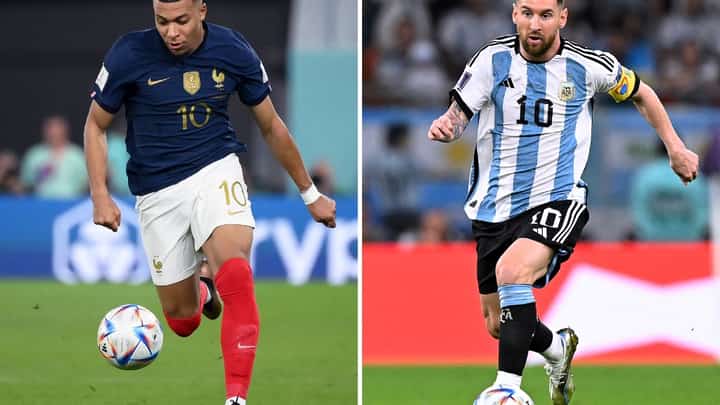France's forward #10 Kylian Mbappe (left) and Argentina's forward #10 Lionel Messi: Argentina will play France in the Qatar 2022 World Cup football final match in Doha on 18 December 2022. (Photo by FRANCK FIFE and ALFREDO ESTRELLA / AFP)