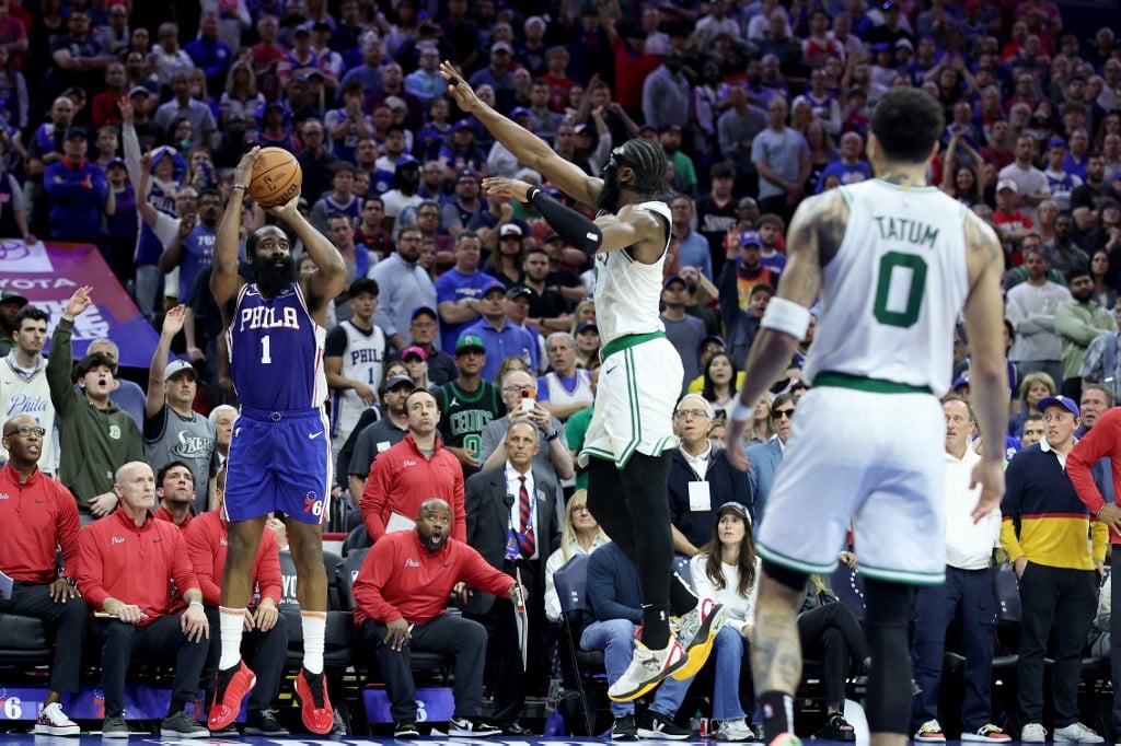 James Harden #1 of the Philadelphia 76ers shoots the game winning three point basket against Jaylen Brown #7 of the Boston Celtics during overtime in game four of the Eastern Conference Second Round Playoffs at Wells Fargo Center on May 07, 2023 in Philadelphia, Pennsylvania. Photo by Tim Nwachukwu / GETTY IMAGES NORTH AMERICA / Getty Images via AFP