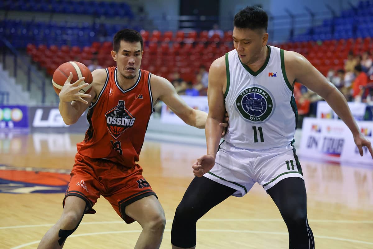 Troy Rosario of Blackwater loses the grip of the basketball against the tight-guarding Isaac Go of Terrafirma.