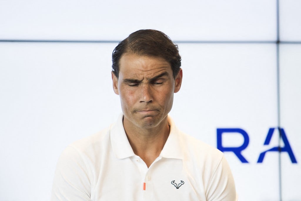 Spanish tennis player Rafael Nadal reacts during a press conference to announce he will not compete in the French Open.