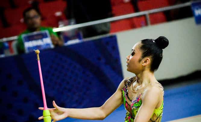 PHOTOGRAPH COURTESY OF GAP
Breanna Labadan displays fine form in the clubs of the all-around event in the 14th Rhythmic Gymnastics Asian Championships at the Ninoy Aquino Stadium.