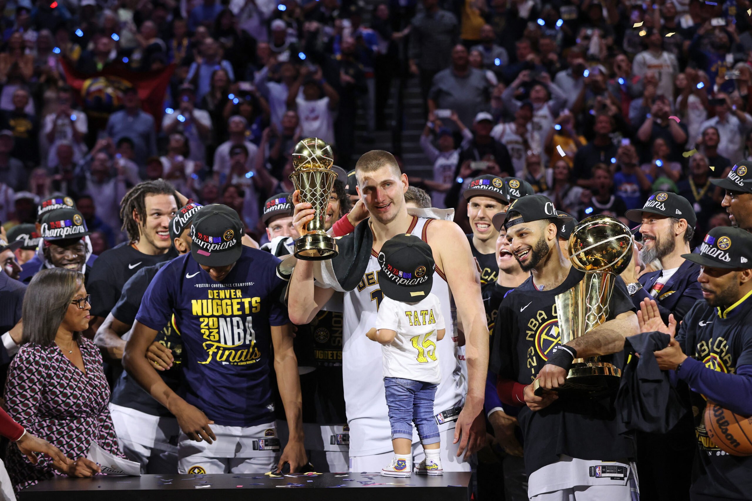 DENVER, CO - JUNE 12: Nikola Jokic #15 of the Denver Nuggets is presented with the Bill Russell Finals MVP Trophy after Game Five of the 2023 NBA Finals on June 12, 2023 at Ball Arena in Denver, Colorado. NOTE TO USER: User expressly acknowledges and agrees that, by downloading and or using this Photograph, user is consenting to the terms and conditions of the Getty Images License Agreement. Mandatory Copyright Notice: Copyright 2023 NBAE   Joe Murphy/NBAE via Getty Images/AFP (Photo by JOE MURPHY / NBAE / Getty Images / Getty Images via AFP)