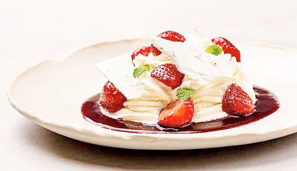 Cheese Ice cream with Forest Berry Couis, grilled Strawberries, Lime Meringue Chips and Pickled Mint.