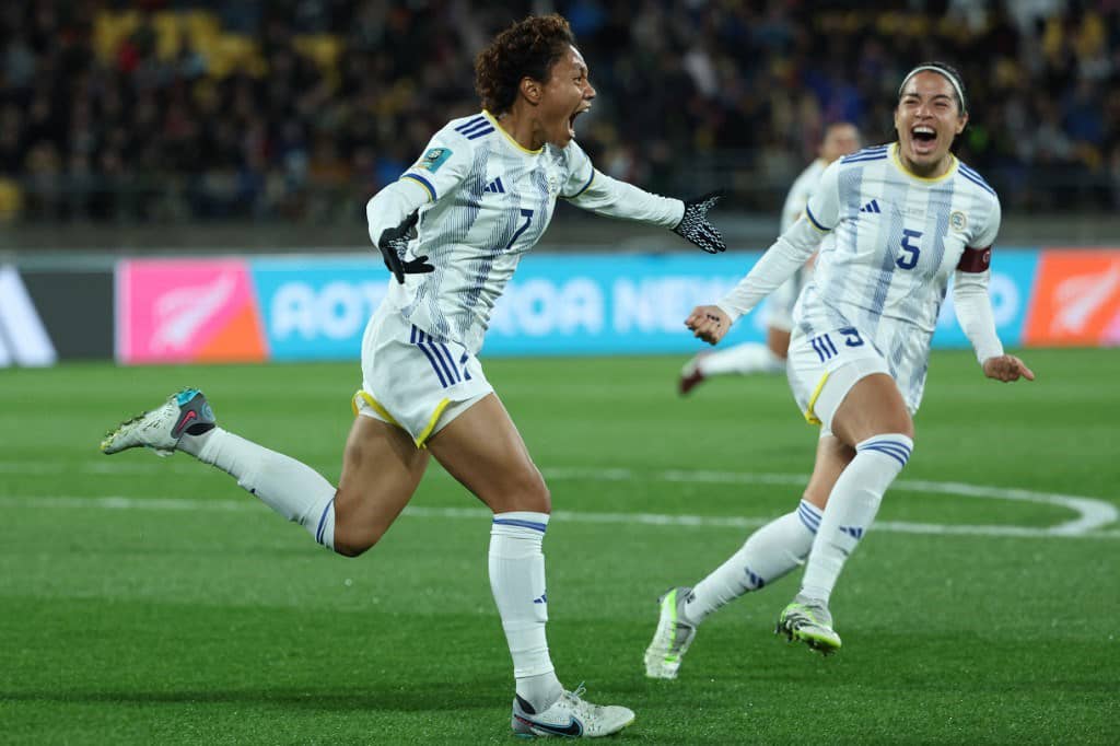 SARINA Bolden celebrates after powering the Philippines to a 1-0 win over New Zealand in the FIFA Women's World Cup. | MARTY MELVILLE/AGENCE FRANCE-PRESSE