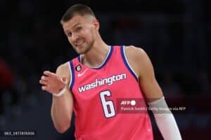 Kristaps Porzingis #6 of the Washington Wizards is also set to see action in the FIBA World Cup.<br />Getty Images License Agreement. Patrick Smith/Getty Images/AFP (Photo by Patrick Smith / GETTY IMAGES NORTH AMERICA / Getty Images via AFP)