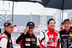 From L-R: Norihiko Katsuta – 9-time Japan Rally champion and TGR driver; Akio Toyoda (aka Morizo) – Chairman, Toyota Motor Corporation; Alfred Ty – Chairman, Toyota Motor Philippines; Takamoto Katsuta – TGR WRC driver<br />PHOTO: Ian Magbanua