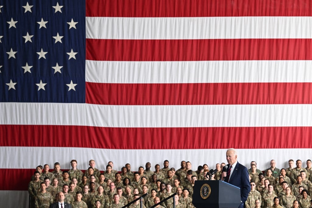 US President Joe Biden delivers remarks to service members, first responders, and their families on the 22nd anniversary of the 11 September 2001, terrorist attacks, at Joint Base Elmendorf-Richardson in Anchorage, Alaska, on 11 September 2023. (Photo by SAUL LOEB / AFP)