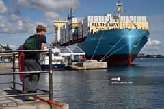 A view taken on September 14, 2023 shows the worlds first methanol-enabled container vessel called "Laura Maersk" of A.P. Moller-Maerska after its namegiving ceremony in Copenhagen. Built in South Korea by Hyundai Heavy Industries (HHI) and fitted with a dual-fuel engine, "Laura Maersk" is a relatively small model that will be able to transport 2,136 20-foot (TEU) containers. It will begin operating in the Baltic Sea in October 2023, Maersk said. (Photo by SERGEI GAPON / AFP)