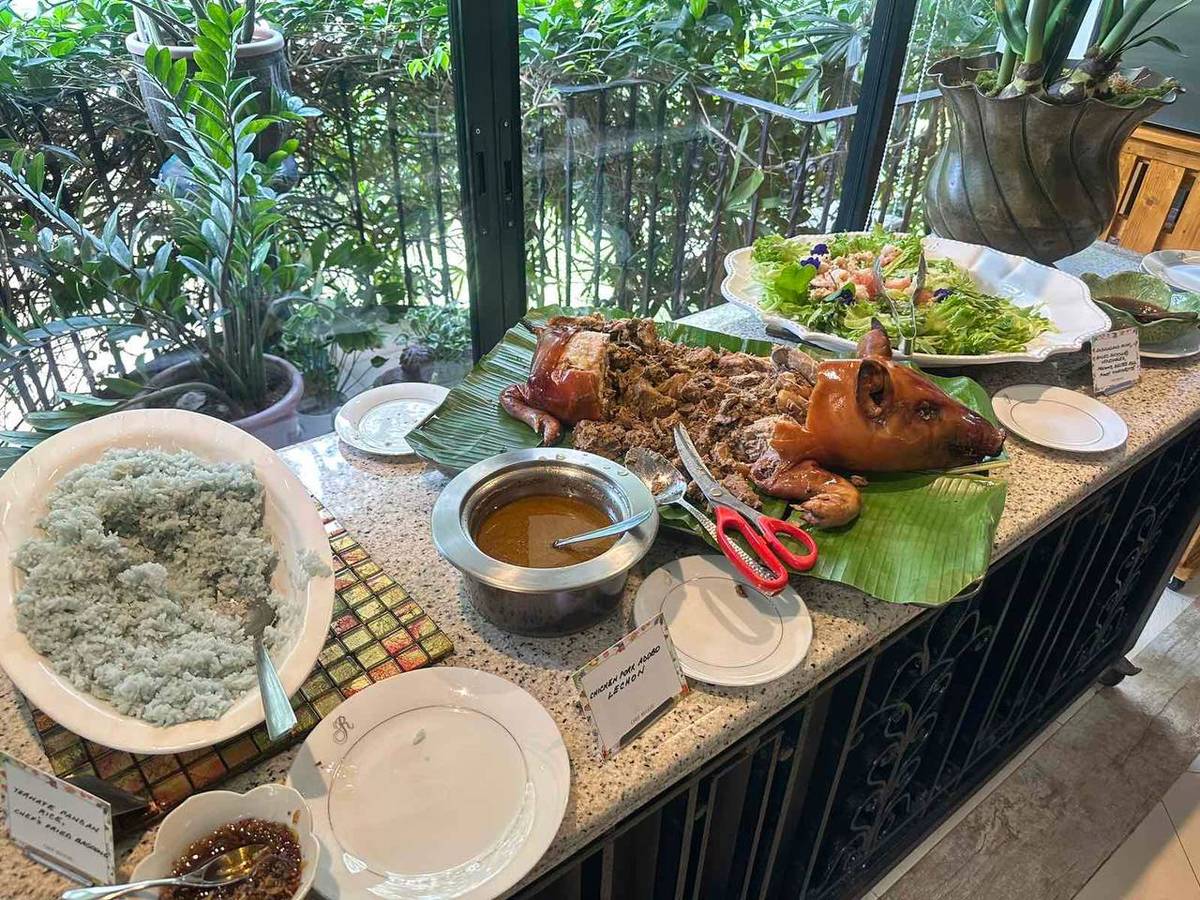 (L-R) Ternate Pandan Rice, Chicken Pork Adobo Lechon, Ensaladang Suha and Backyard Vegetables