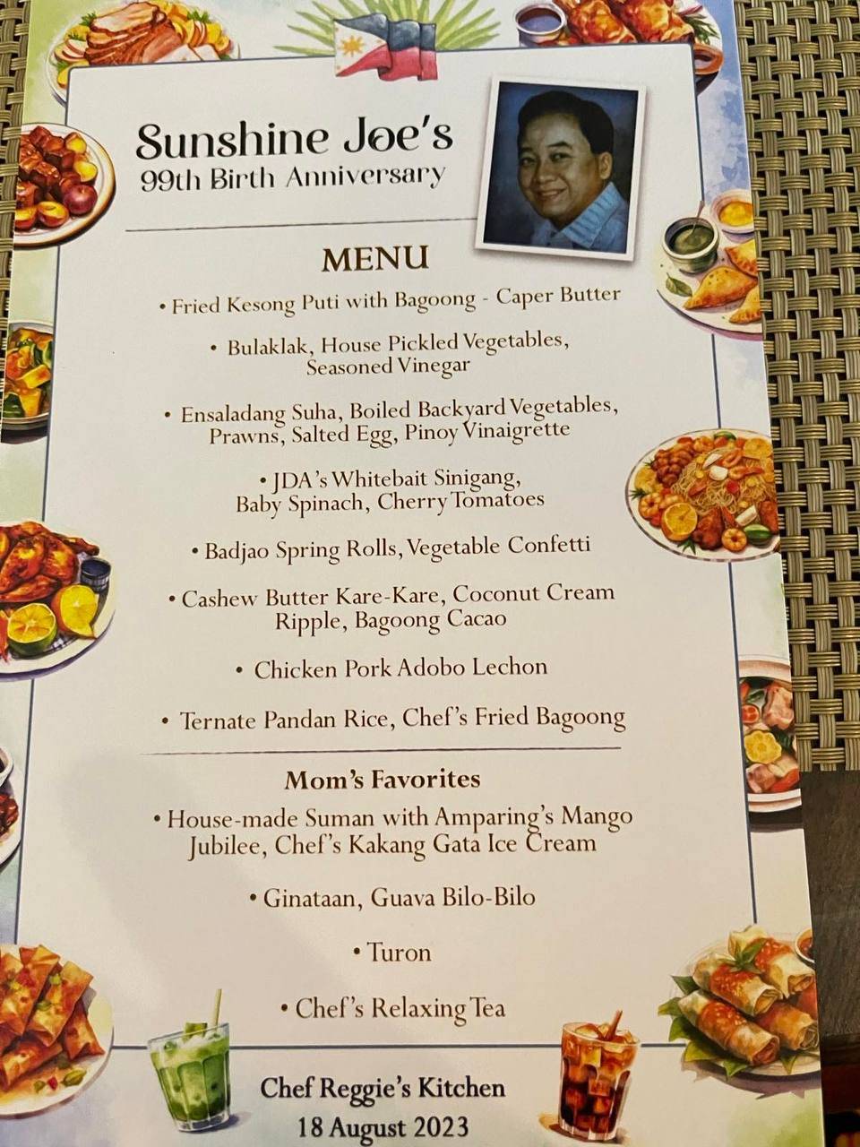 The Menu for Jose D. Aspiras' 99th Birthday Commemoration