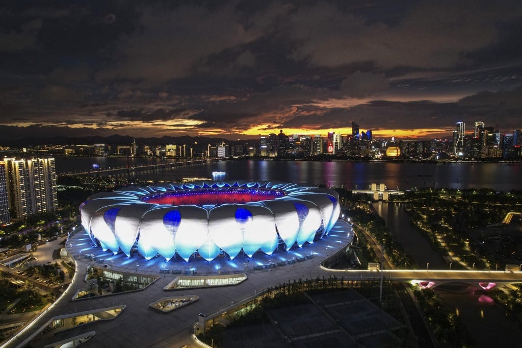 The Hangzhou Olympic Sports Center Stadium in Hangzhou, in China's eastern Zhejiang province, main venue of the 2023 Asian Games. (Photo by Jade Gao / AFP)