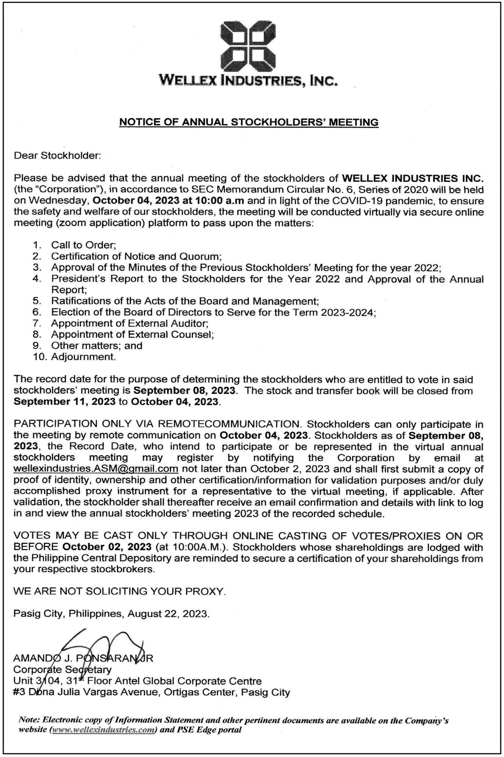 WELLEX INDUSTRIES, INC.