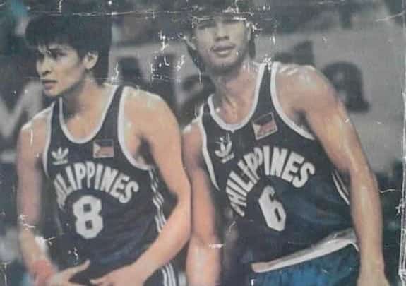 Jojo Lastimosa (right) and Alvin Patrimonio play together in the 1986 and 1987 all-amateur Philippine men's basketball team.